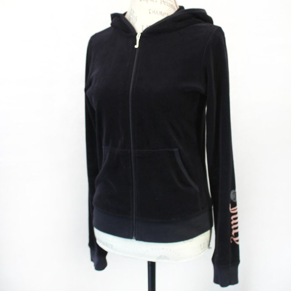 Juicy Couture Black Velvet Y2K Sport Hoodie Sweatshirt Activewear Zip Glam Large